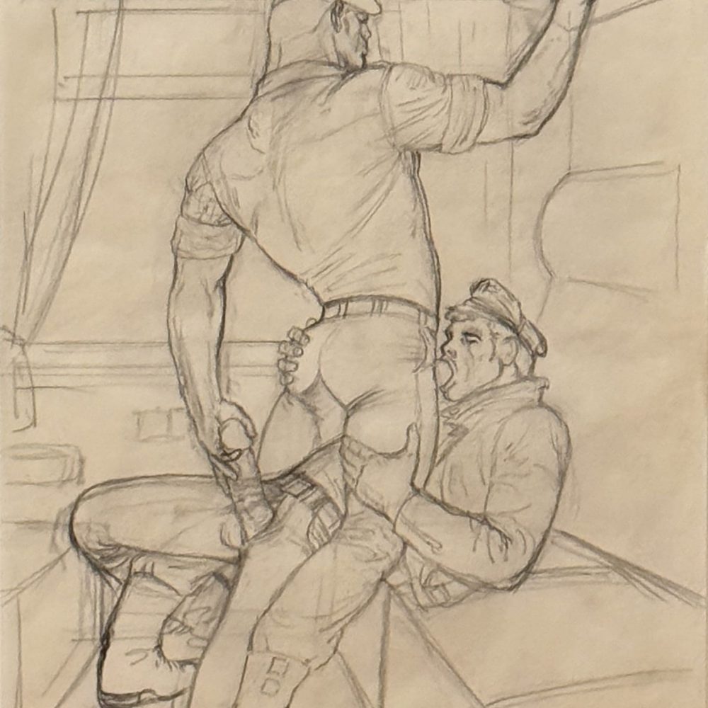 Tom of Finland graphite sketch – Sex on the Train Scene 6, homoerotic drawing featuring Kake