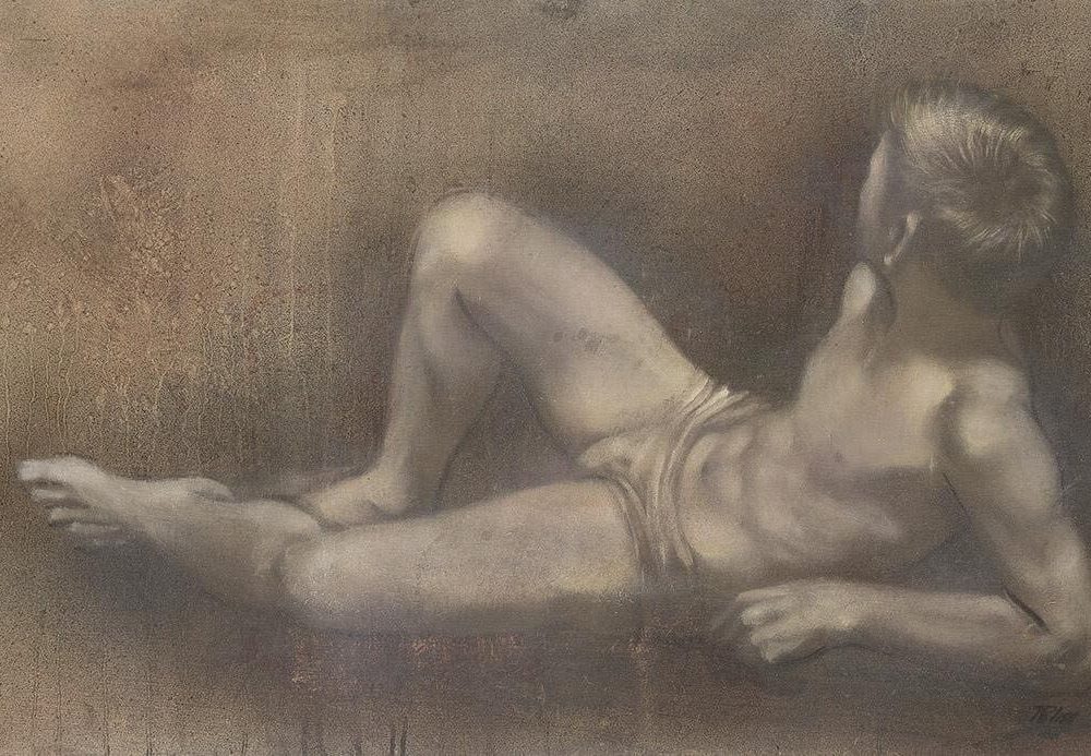 Robert Bliss Reclining Boy, 1960 oil painting of male figure on Masonite board