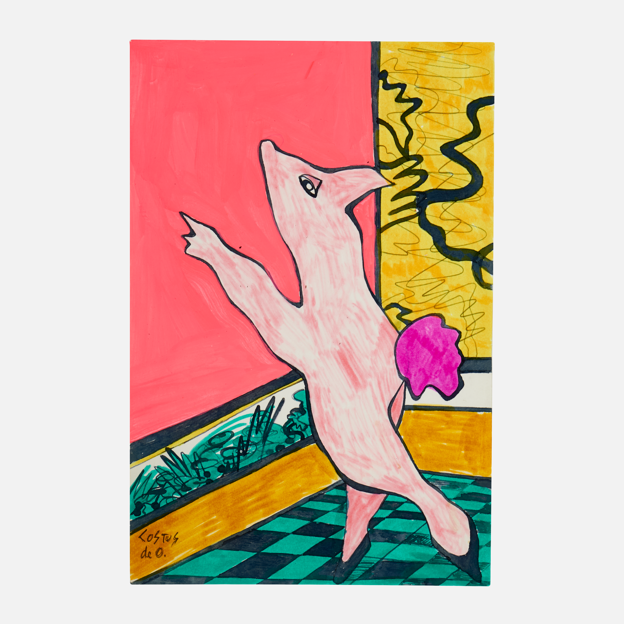 COSTUS, Cerdita Presumida, acrylic on paper, 28 x 18 cm, artwork at IMAGO DEI Gallery