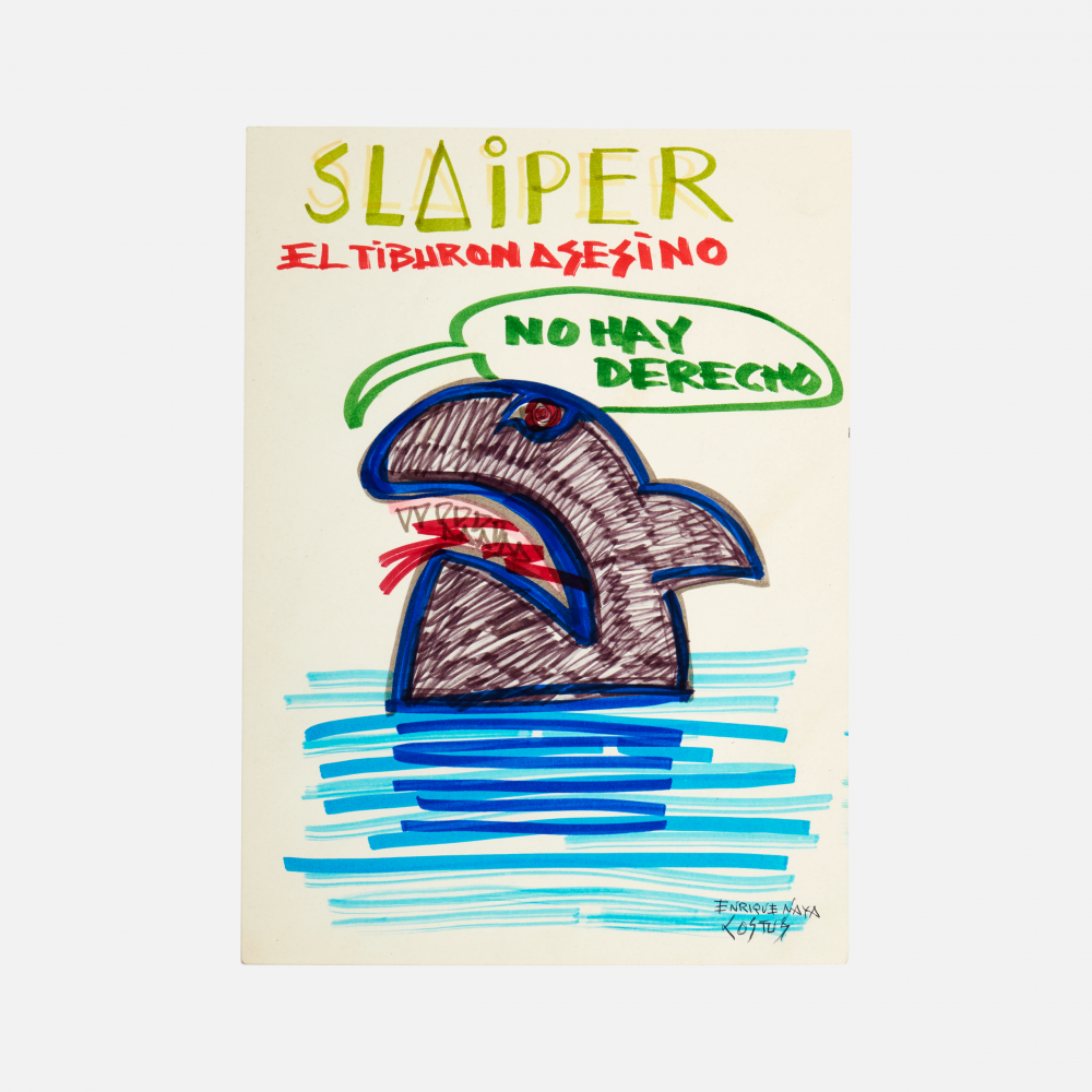 COSTUS, Slaiper el Tiburón Asesino, mixed media on paper, 32 x 25 cm, artwork at IMAGO DEI Gallery